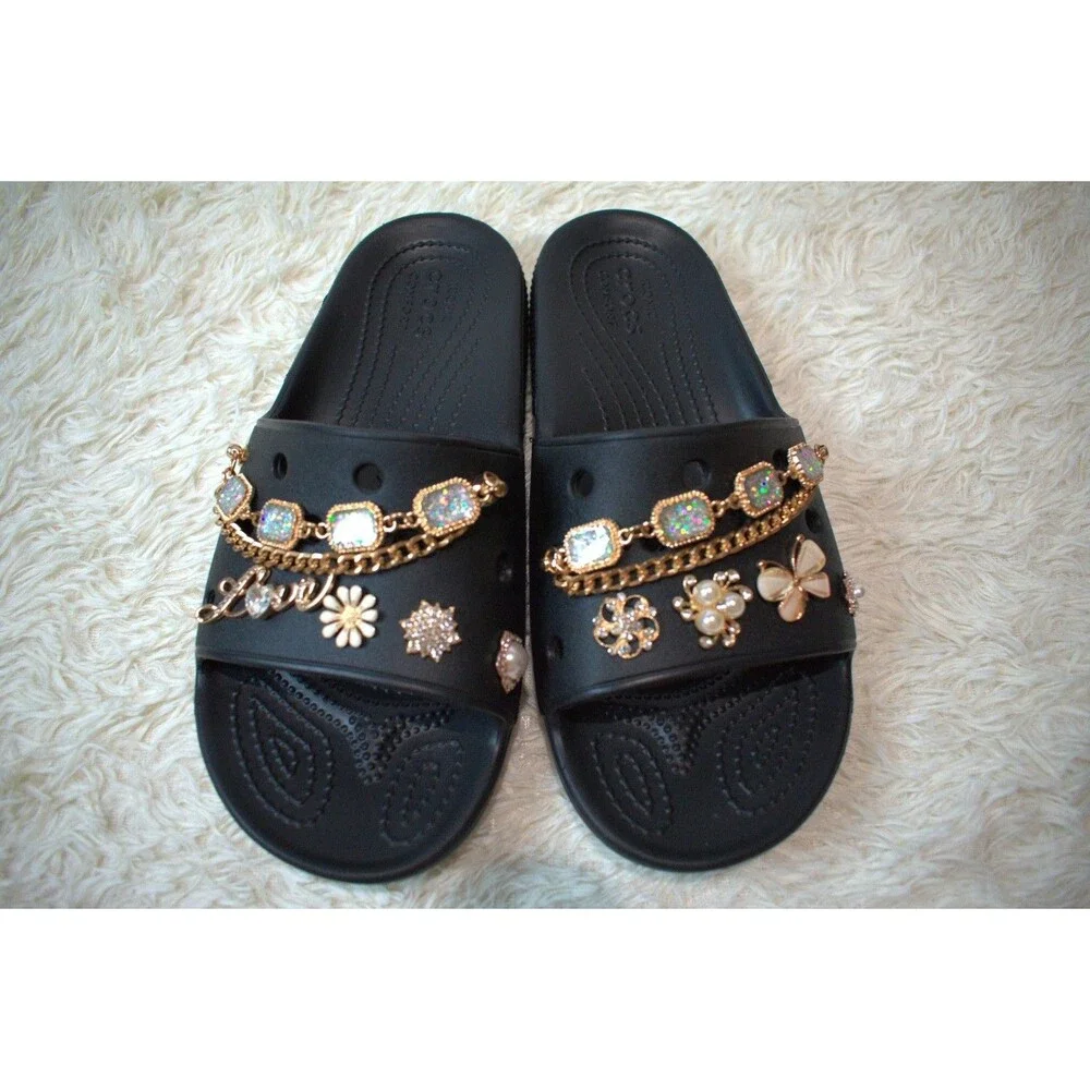 Crocs Slides Customized with Gold Luxe Charms (206761‑001 ) - Women's Size 10